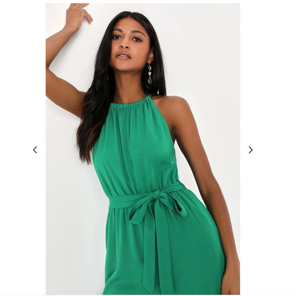 NWT Lulus Emerald Green Belted Halter Bow Wide Leg Jumpsuit flowy slit medium